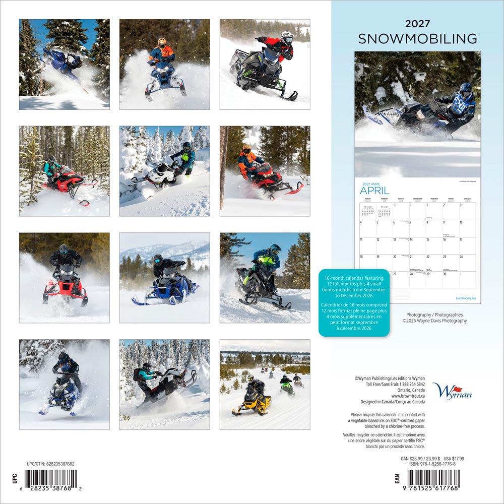 Snowmobiling | 2027 12 x 24 Inch (Hanging) Monthly Square Wall Calendar