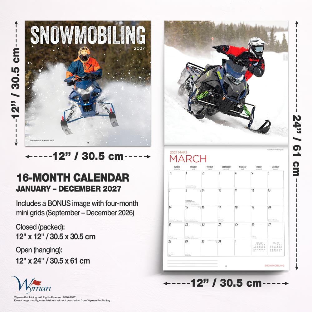 Snowmobiling | 2027 12 x 24 Inch (Hanging) Monthly Square Wall Calendar
