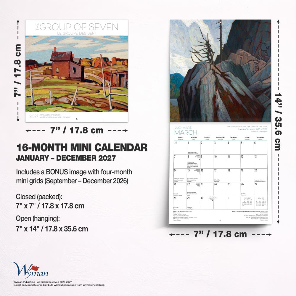 The Group of Seven AGO OFFICIAL | 2027 7 x 14 Inch (Hanging) Monthly Mini Wall Calendar | English/French Bilingual