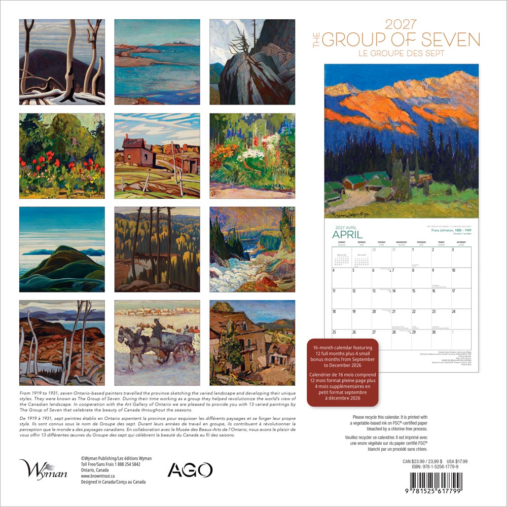 The Group of Seven AGO OFFICIAL | 2027 12 x 24 Inch (Hanging) Monthly Square Wall Calendar | English/French Bilingual