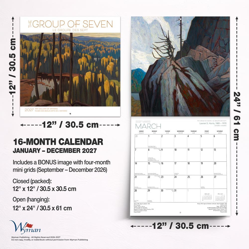 The Group of Seven AGO OFFICIAL | 2027 12 x 24 Inch (Hanging) Monthly Square Wall Calendar | English/French Bilingual