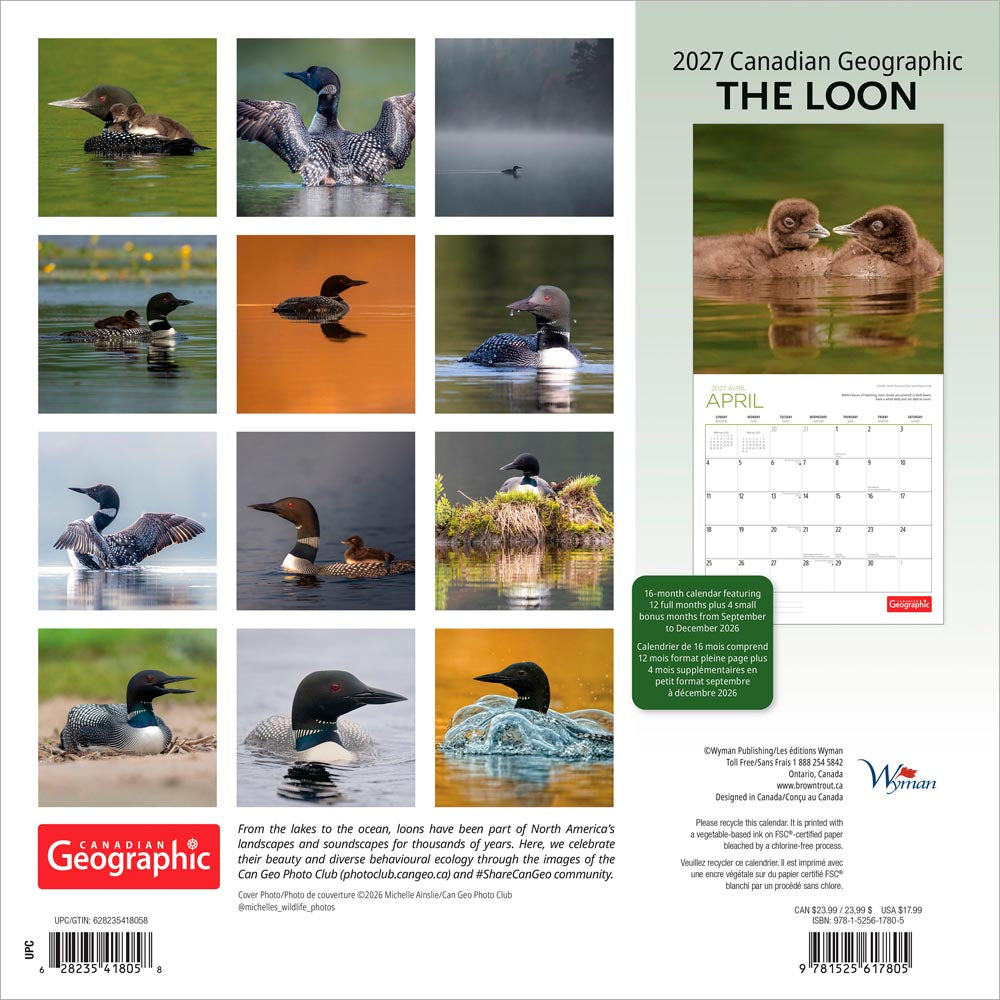 Canadian Geographic The Loon OFFICIAL | 2027 12 x 24 Inch (Hanging) Monthly Square Wall Calendar | Foil Stamped Cover