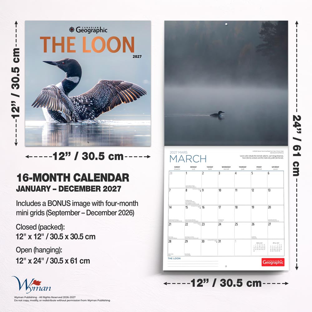 Canadian Geographic The Loon OFFICIAL | 2027 12 x 24 Inch (Hanging) Monthly Square Wall Calendar | Foil Stamped Cover