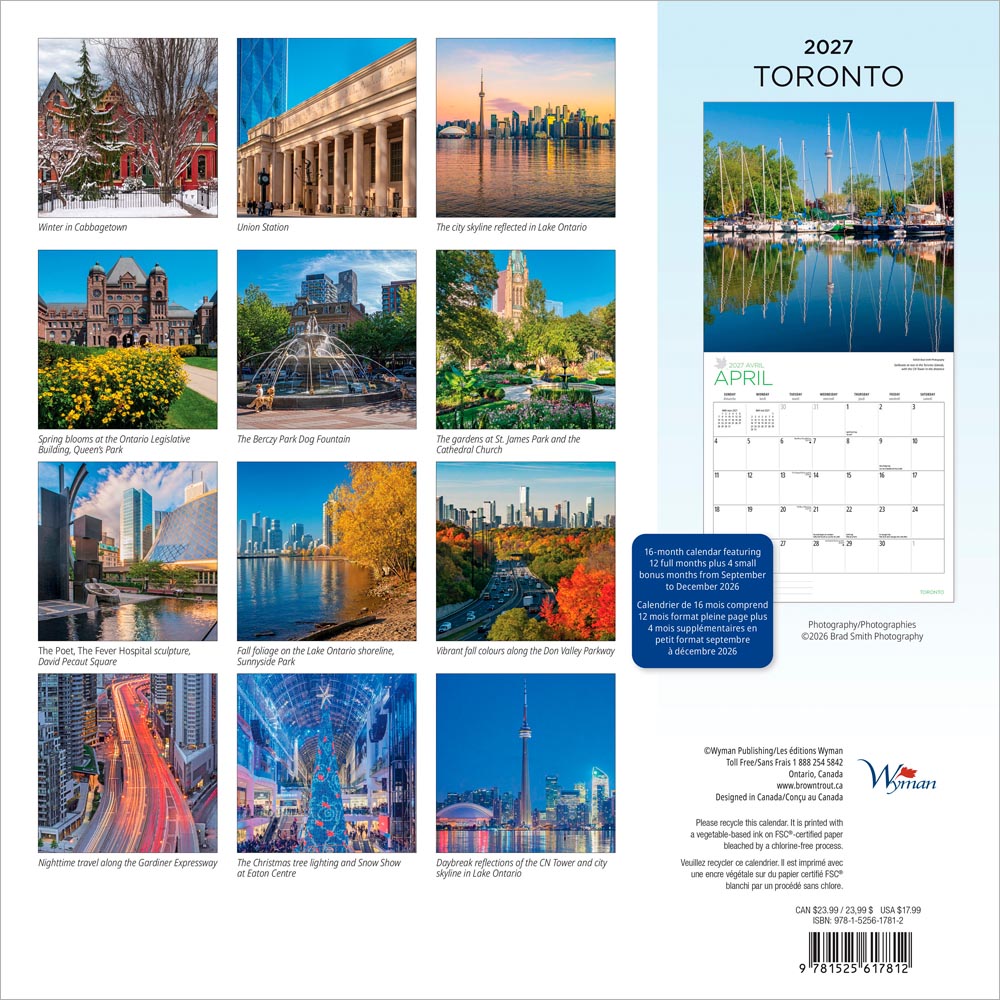 Toronto | 2027 12 x 24 Inch (Hanging) Monthly Square Wall Calendar