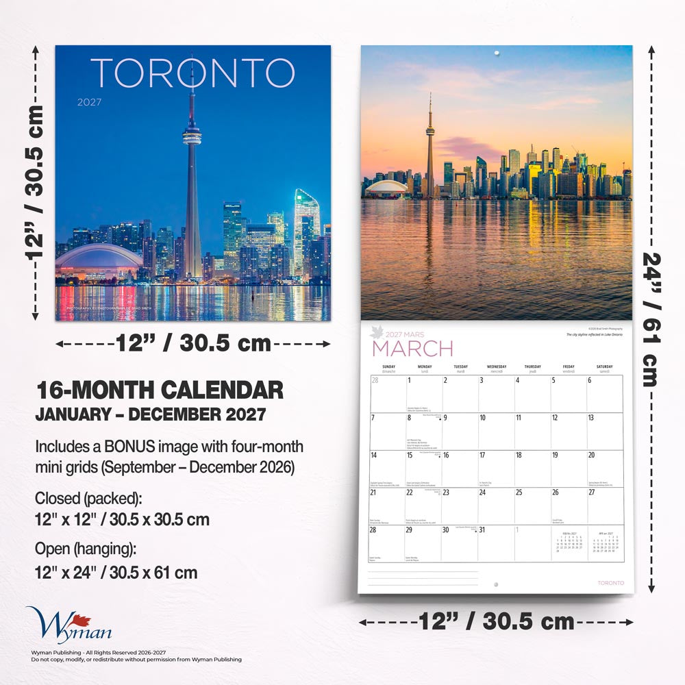 Toronto | 2027 12 x 24 Inch (Hanging) Monthly Square Wall Calendar