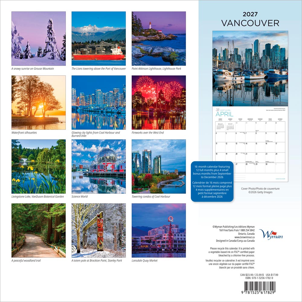 Vancouver | 2027 12 x 24 Inch (Hanging) Monthly Square Wall Calendar