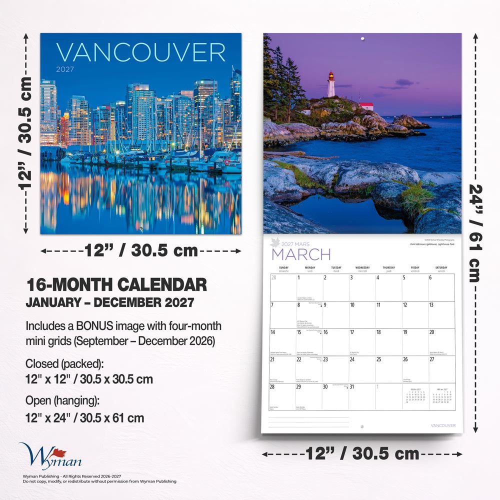 Vancouver | 2027 12 x 24 Inch (Hanging) Monthly Square Wall Calendar