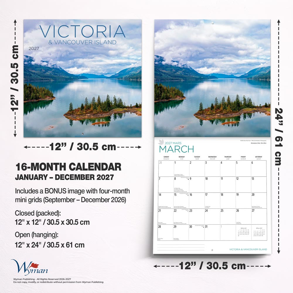 Victoria & Vancouver Island | 2027 12 x 24 Inch (Hanging) Monthly Square Wall Calendar