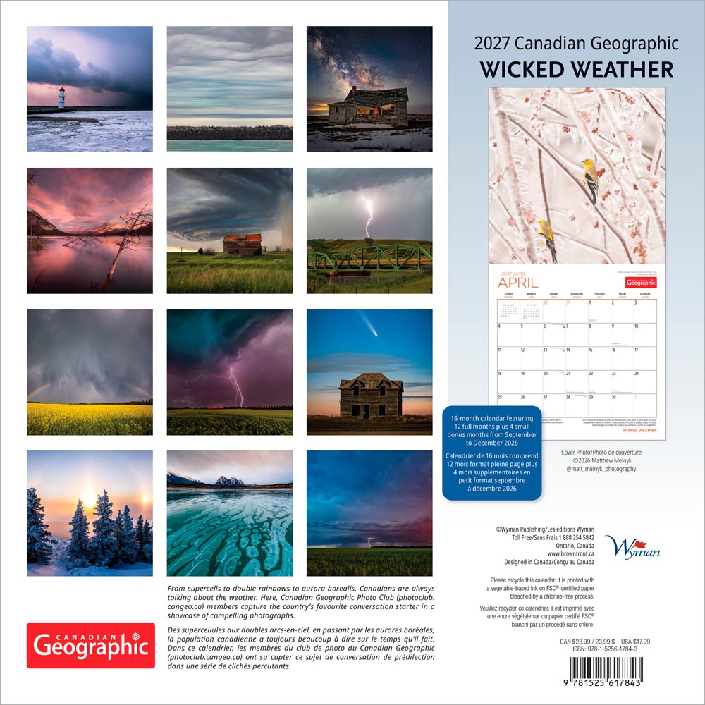Canadian Geographic Wicked Weather OFFICIAL | 2027 12 x 24 Inch (Hanging) Monthly Square Wall Calendar | Foil Stamped Cover | English/French Bilingual