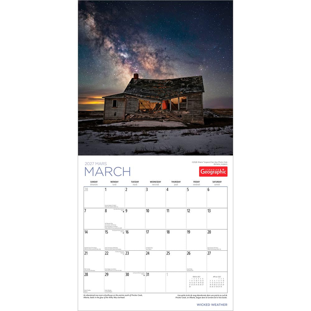 Canadian Geographic Wicked Weather OFFICIAL | 2027 12 x 24 Inch (Hanging) Monthly Square Wall Calendar | Foil Stamped Cover | English/French Bilingual