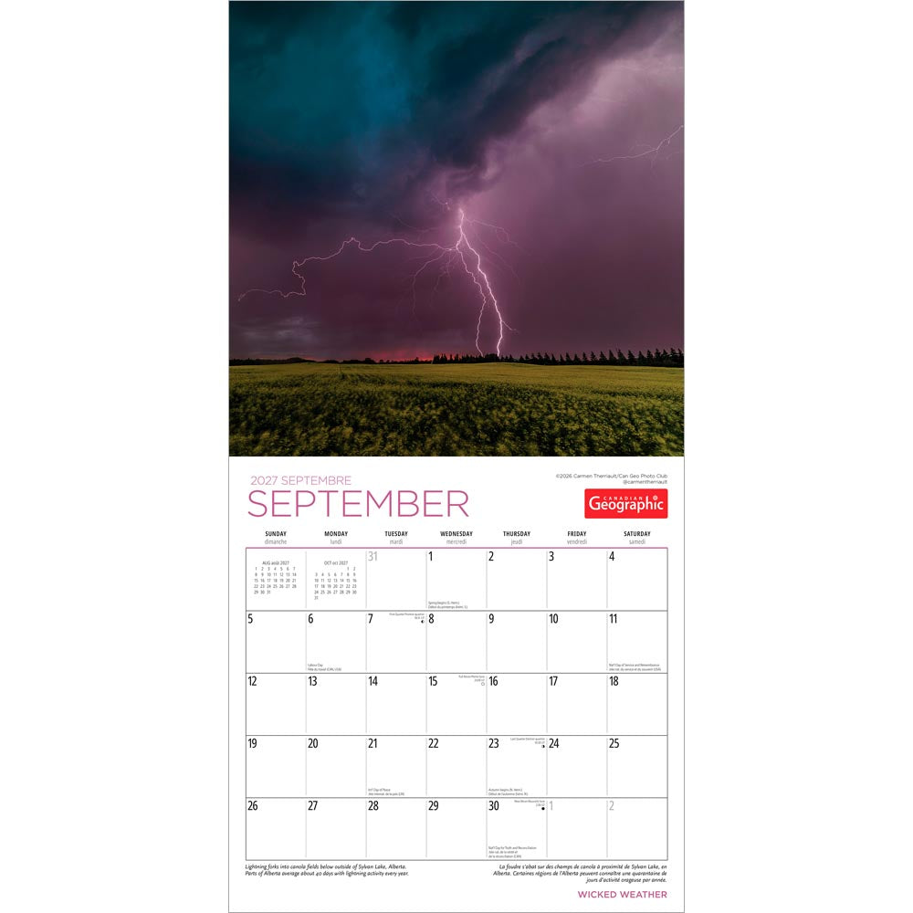 Canadian Geographic Wicked Weather OFFICIAL | 2027 12 x 24 Inch (Hanging) Monthly Square Wall Calendar | Foil Stamped Cover | English/French Bilingual