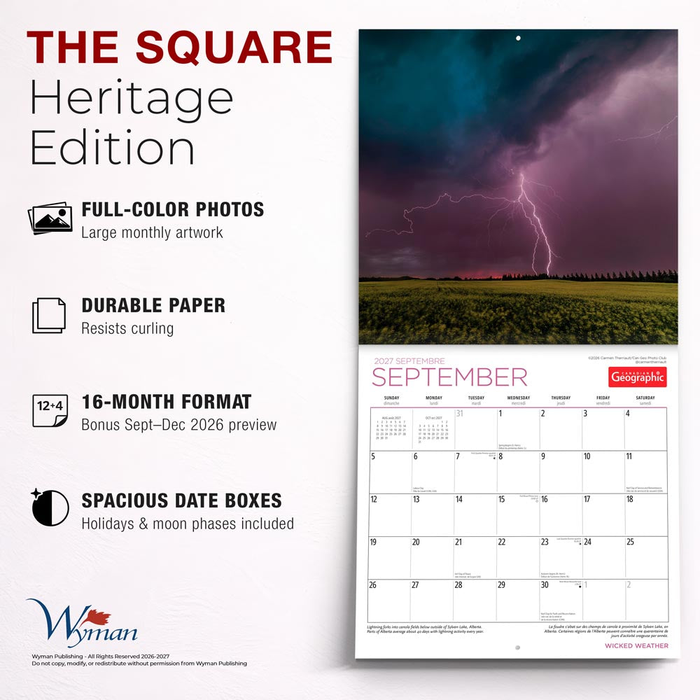 Canadian Geographic Wicked Weather OFFICIAL | 2027 12 x 24 Inch (Hanging) Monthly Square Wall Calendar | Foil Stamped Cover | English/French Bilingual
