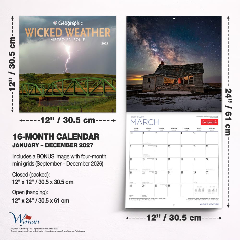 Canadian Geographic Wicked Weather OFFICIAL | 2027 12 x 24 Inch (Hanging) Monthly Square Wall Calendar | Foil Stamped Cover | English/French Bilingual