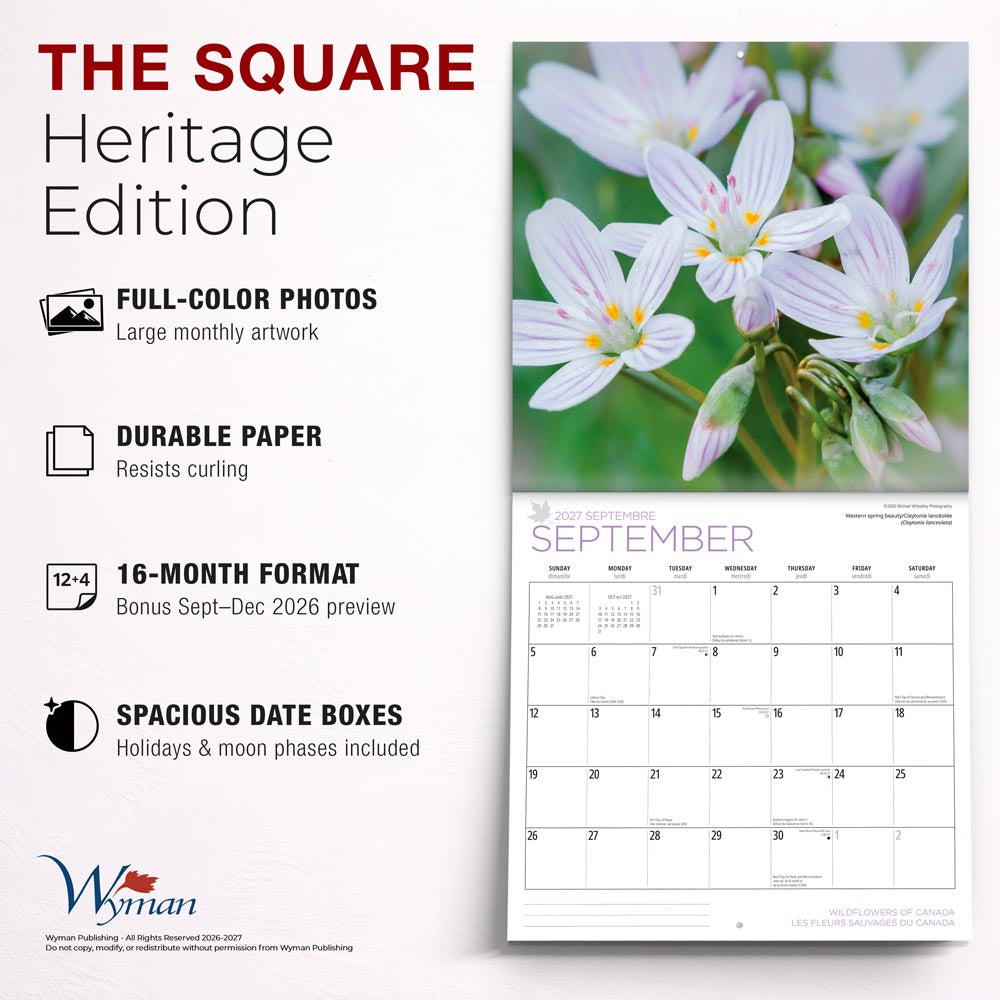 Wildflowers of Canada | 2027 12 x 24 Inch (Hanging) Monthly Square Wall Calendar | English/French Bilingual