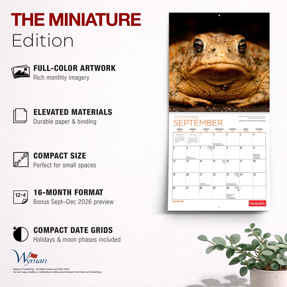 Canadian Geographic Wildlife OFFICIAL | 2027 7 x 14 Inch (Hanging) Monthly Mini Wall Calendar