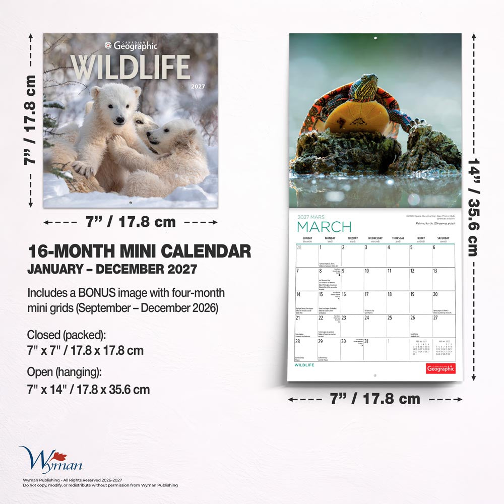 Canadian Geographic Wildlife OFFICIAL | 2027 7 x 14 Inch (Hanging) Monthly Mini Wall Calendar