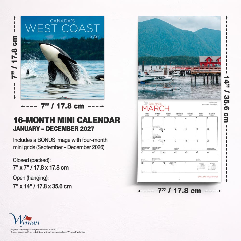 Canada's West Coast | 2027 7 x 14 Inch (Hanging) Monthly Mini Wall Calendar