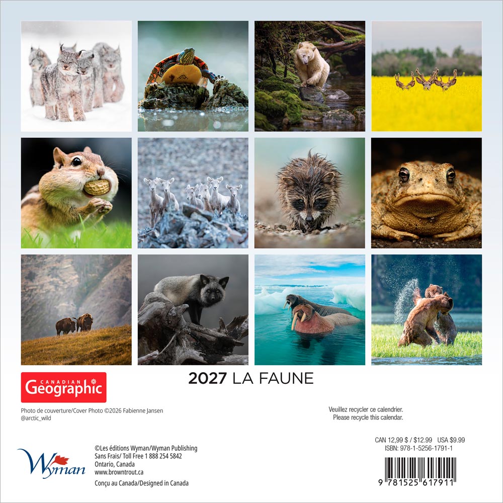Canadian Geographic La faune OFFICIEL | 2027 7 x 14 Inch (Hanging) Monthly Mini Wall Calendar | French Language