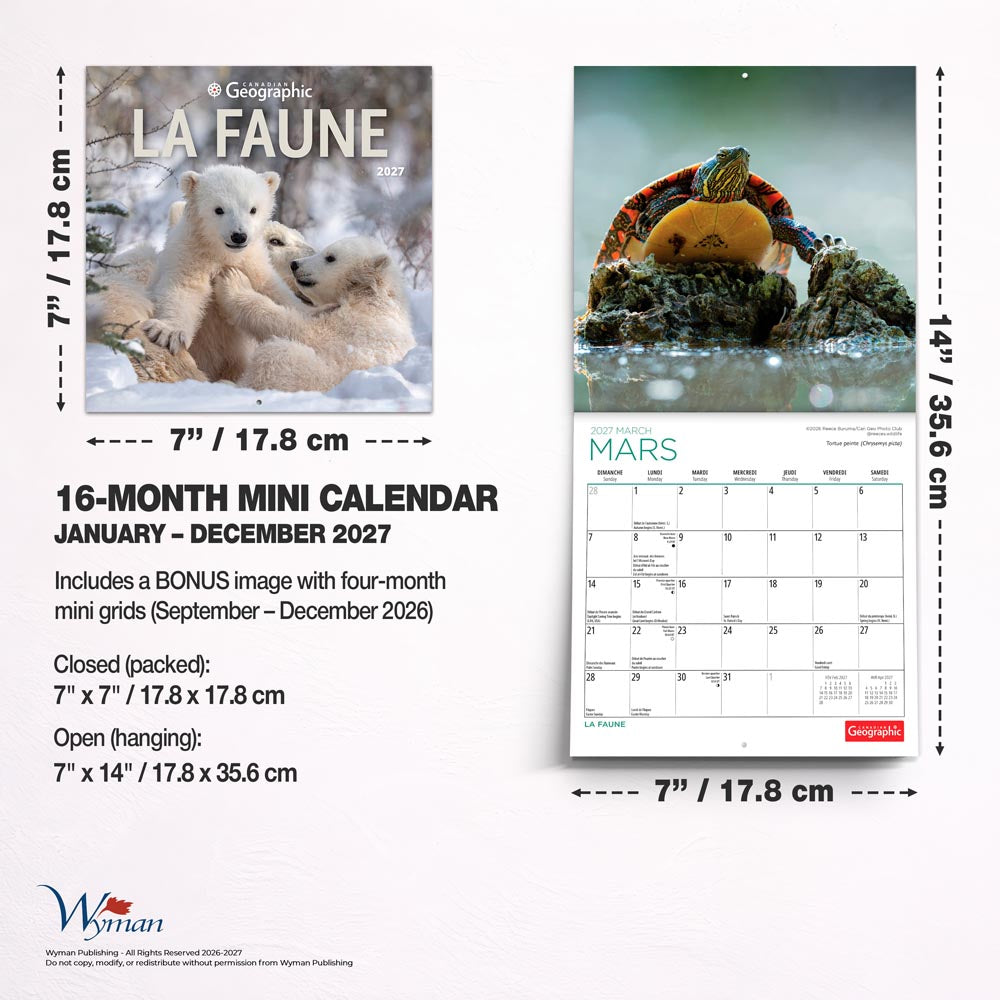 Canadian Geographic La faune OFFICIEL | 2027 7 x 14 Inch (Hanging) Monthly Mini Wall Calendar | French Language