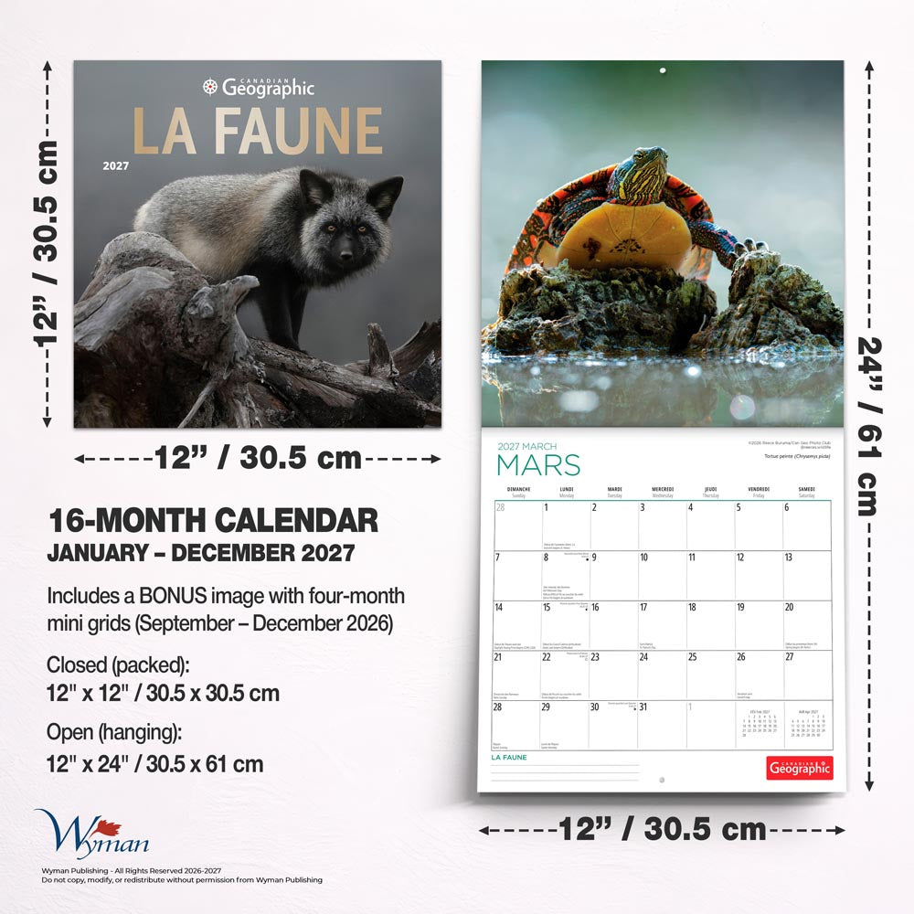 Canadian Geographic La faune OFFICIEL | 2027 12 x 24 Inch (Hanging) Monthly Square Wall Calendar | Foil Stamped Cover | French Language