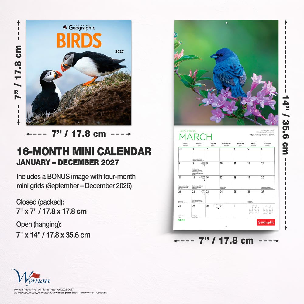 Canadian Geographic Birds OFFICIAL | 2027 7 x 14 Inch (Hanging) Monthly Mini Wall Calendar