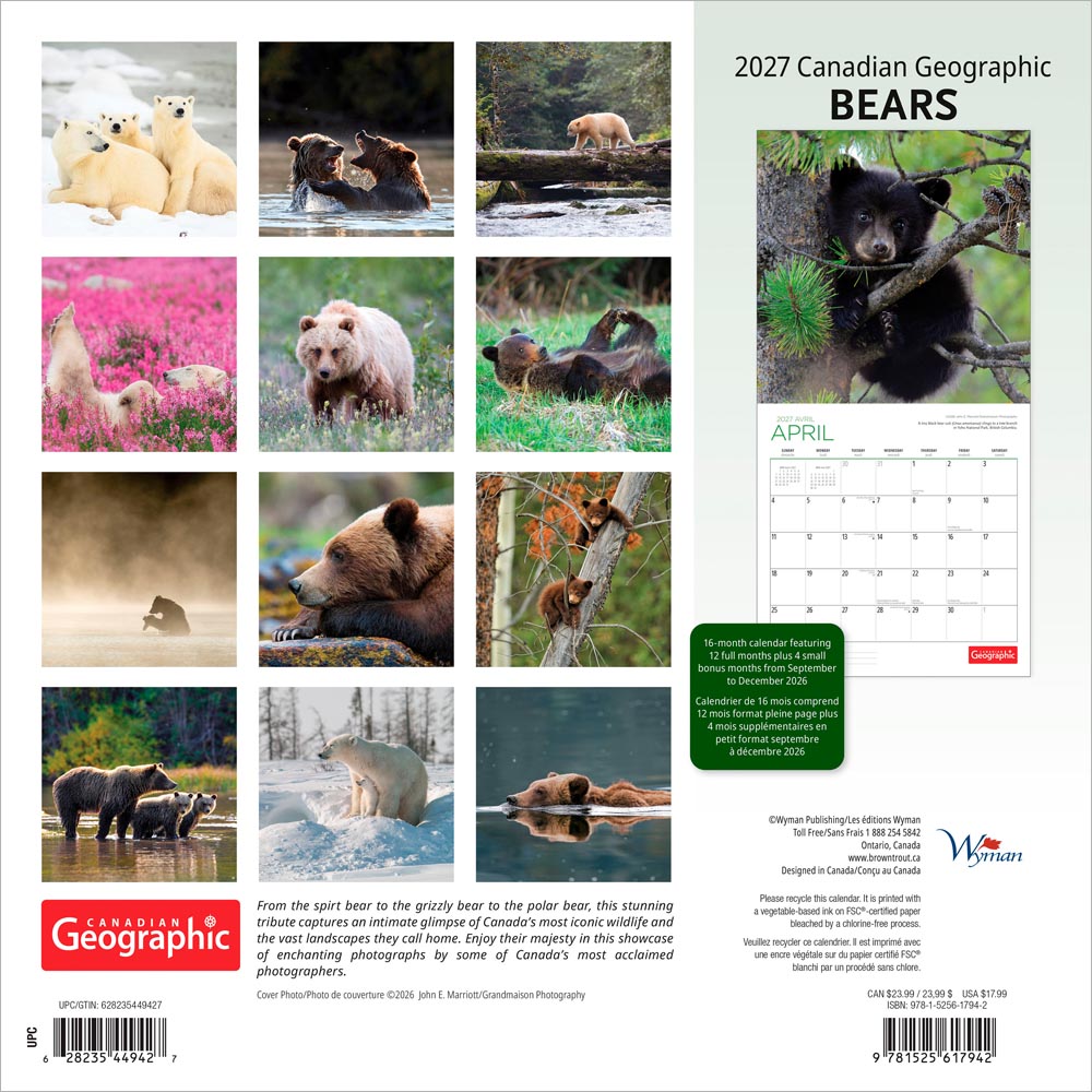Canadian Geographic Bears OFFICIAL | 2027 12 x 24 Inch (Hanging) Monthly Square Wall Calendar