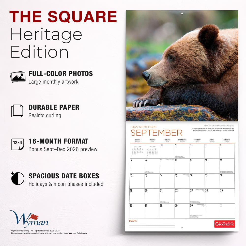 Canadian Geographic Bears OFFICIAL | 2027 12 x 24 Inch (Hanging) Monthly Square Wall Calendar