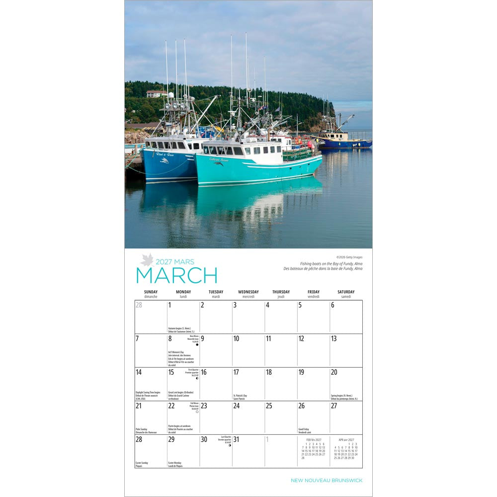 New Brunswick | 2027 7 x 14 Inch (Hanging) Monthly Mini Wall Calendar | English/French Bilingual