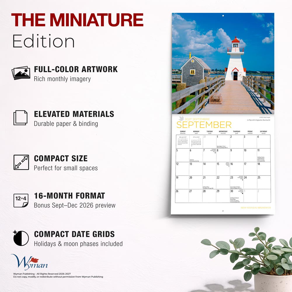 New Brunswick | 2027 7 x 14 Inch (Hanging) Monthly Mini Wall Calendar | English/French Bilingual