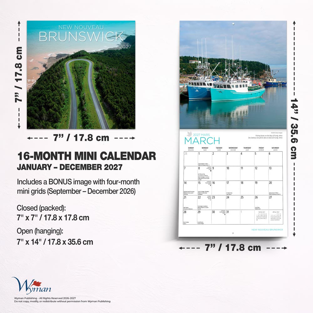 New Brunswick | 2027 7 x 14 Inch (Hanging) Monthly Mini Wall Calendar | English/French Bilingual