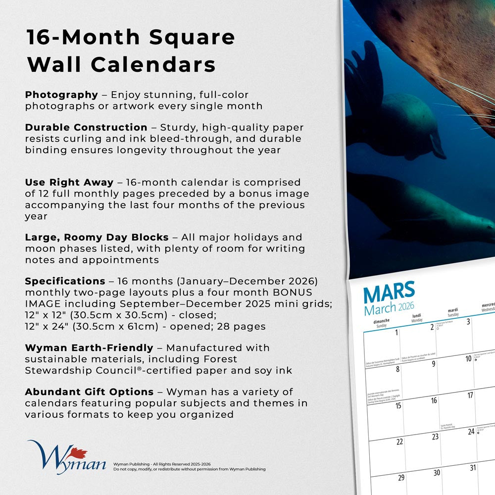 Canadian Geographic La faune OFFICIEL | 2026 12 x 24 Inch (Hanging) Monthly Square Wall Calendar | Foil Stamped Cover | French Language