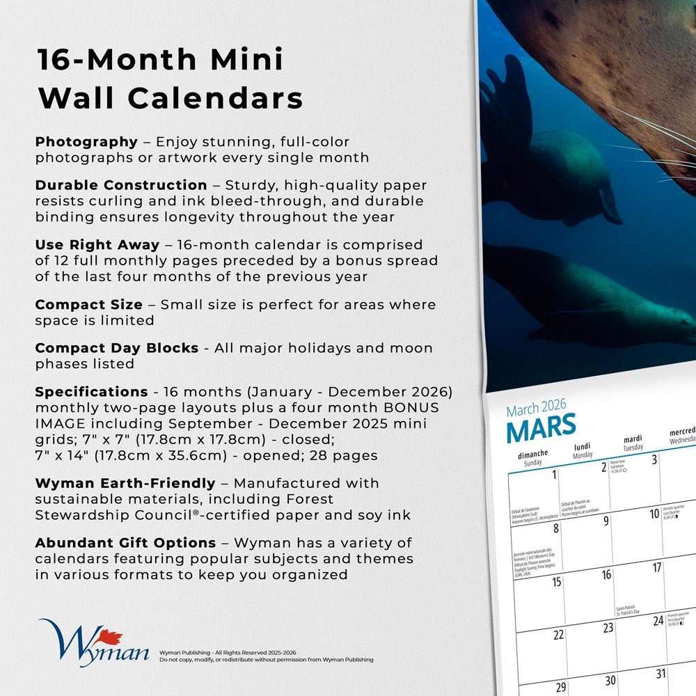 Canadian Geographic La faune OFFICIEL | 2026 7 x 14 Inch (Hanging) Monthly Mini Wall Calendar | French Language