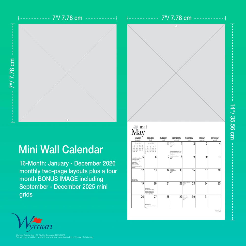 Canadian Geographic La faune OFFICIEL | 2026 7 x 14 Inch (Hanging) Monthly Mini Wall Calendar | French Language