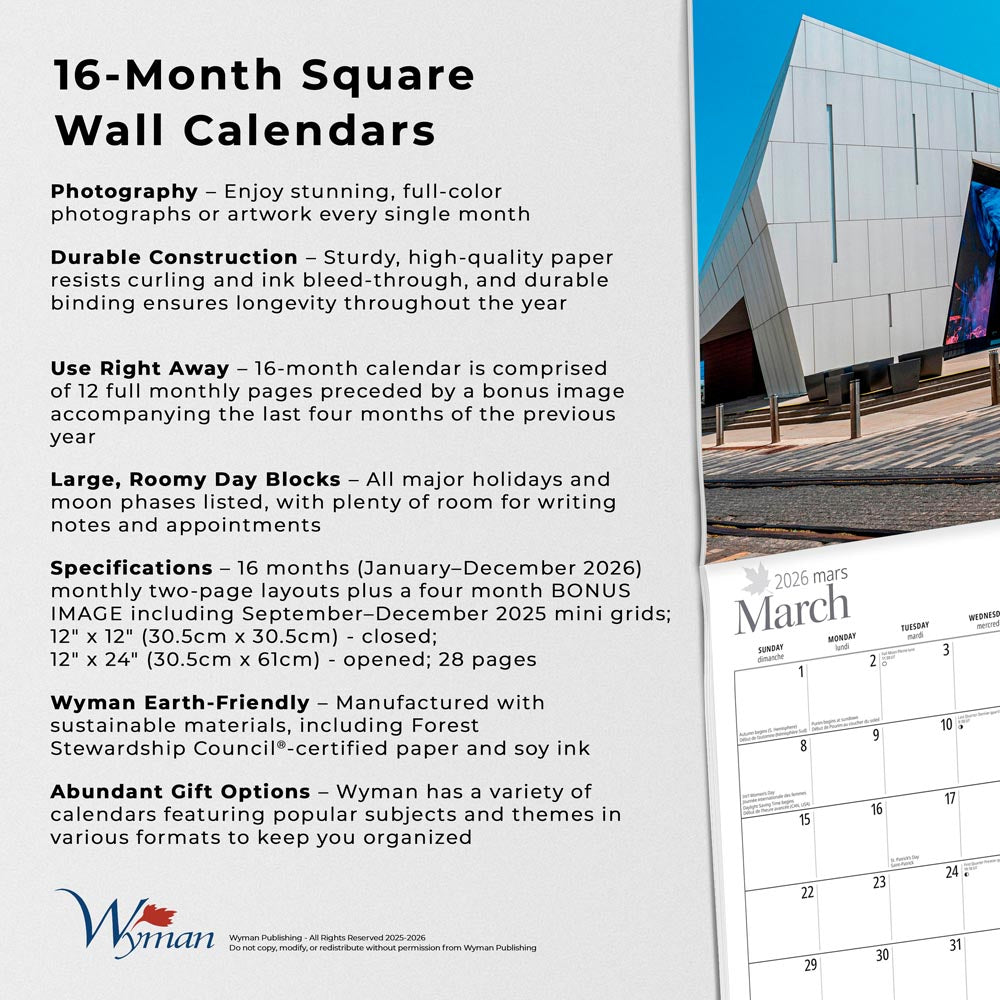 Ottawa | 2026 12 x 24 Inch (Hanging) Monthly Square Wall Calendar | English/French Bilingual