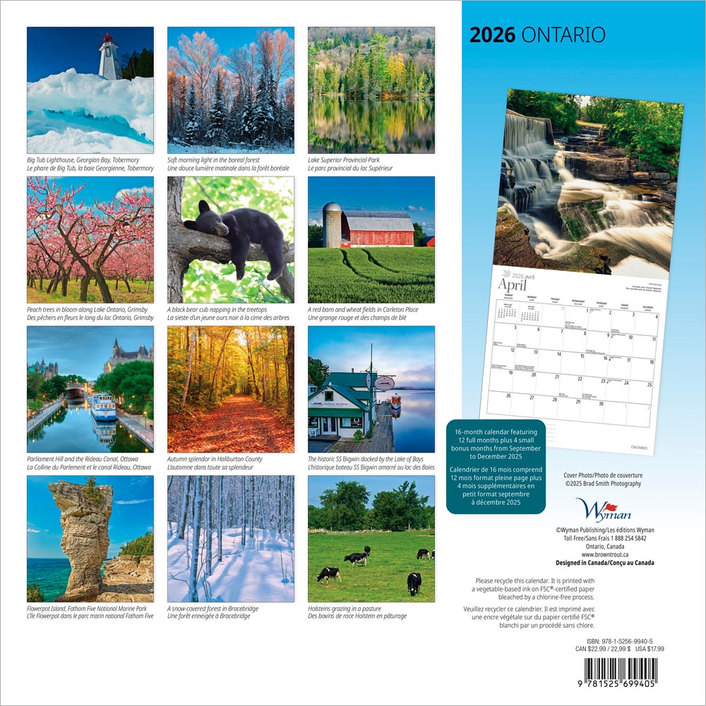 Ontario | 2026 12 x 24 Inch (Hanging) Monthly Square Wall Calendar | English/French Bilingual