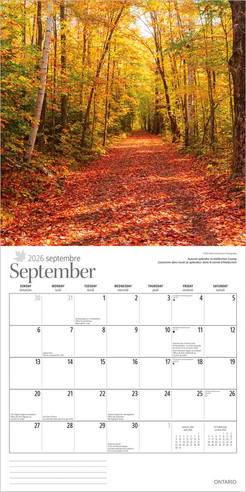 Ontario | 2026 12 x 24 Inch (Hanging) Monthly Square Wall Calendar | English/French Bilingual