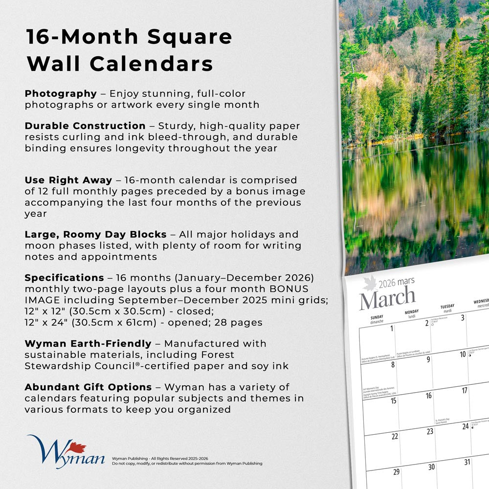 Ontario | 2026 12 x 24 Inch (Hanging) Monthly Square Wall Calendar | English/French Bilingual