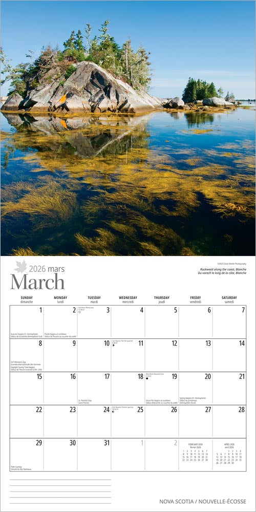 Nova Scotia | 2026 12 x 24 Inch (Hanging) Monthly Square Wall Calendar | English/French Bilingual