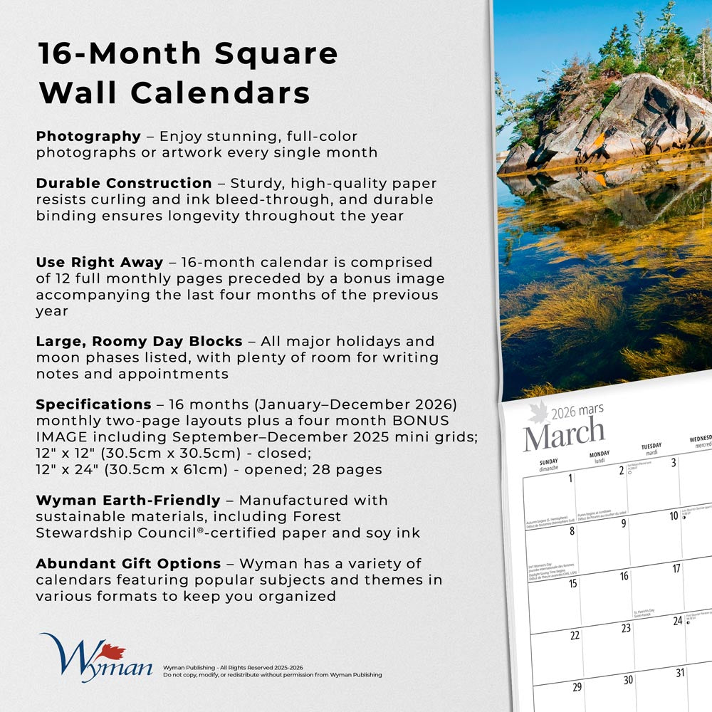 Nova Scotia | 2026 12 x 24 Inch (Hanging) Monthly Square Wall Calendar | English/French Bilingual