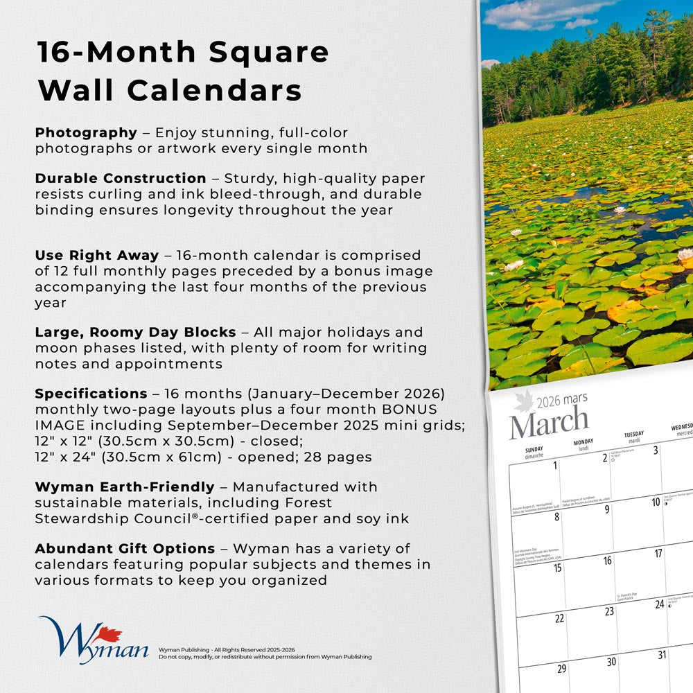 Northern Ontario | 2026 12 x 24 Inch (Hanging) Monthly Square Wall Calendar | English/French Bilingual