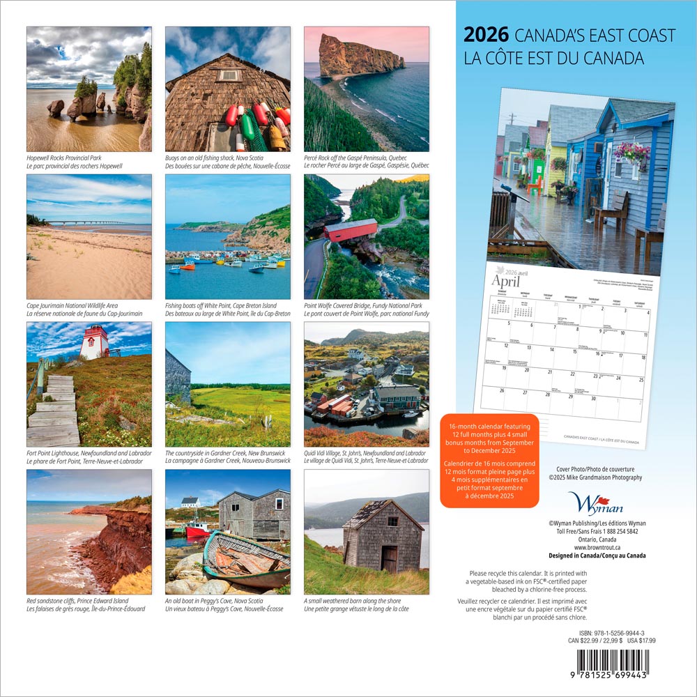 Canada's East Coast | 2026 12 x 24 Inch (Hanging) Monthly Square Wall Calendar | English/French Bilingual