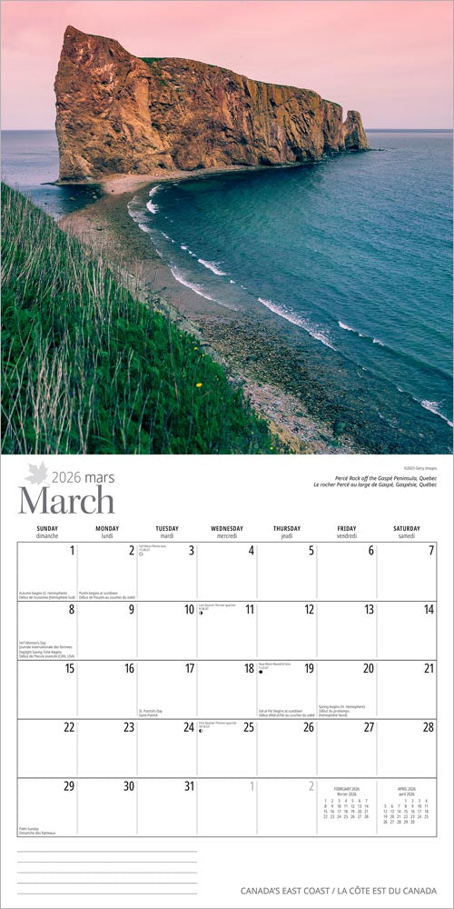 Canada's East Coast | 2026 12 x 24 Inch (Hanging) Monthly Square Wall Calendar | English/French Bilingual