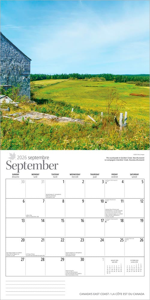 Canada's East Coast | 2026 12 x 24 Inch (Hanging) Monthly Square Wall Calendar | English/French Bilingual