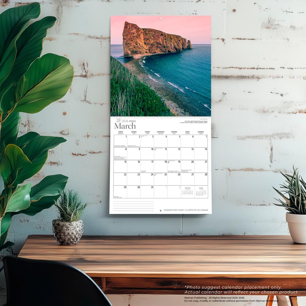Canada's East Coast | 2026 12 x 24 Inch (Hanging) Monthly Square Wall Calendar | English/French Bilingual