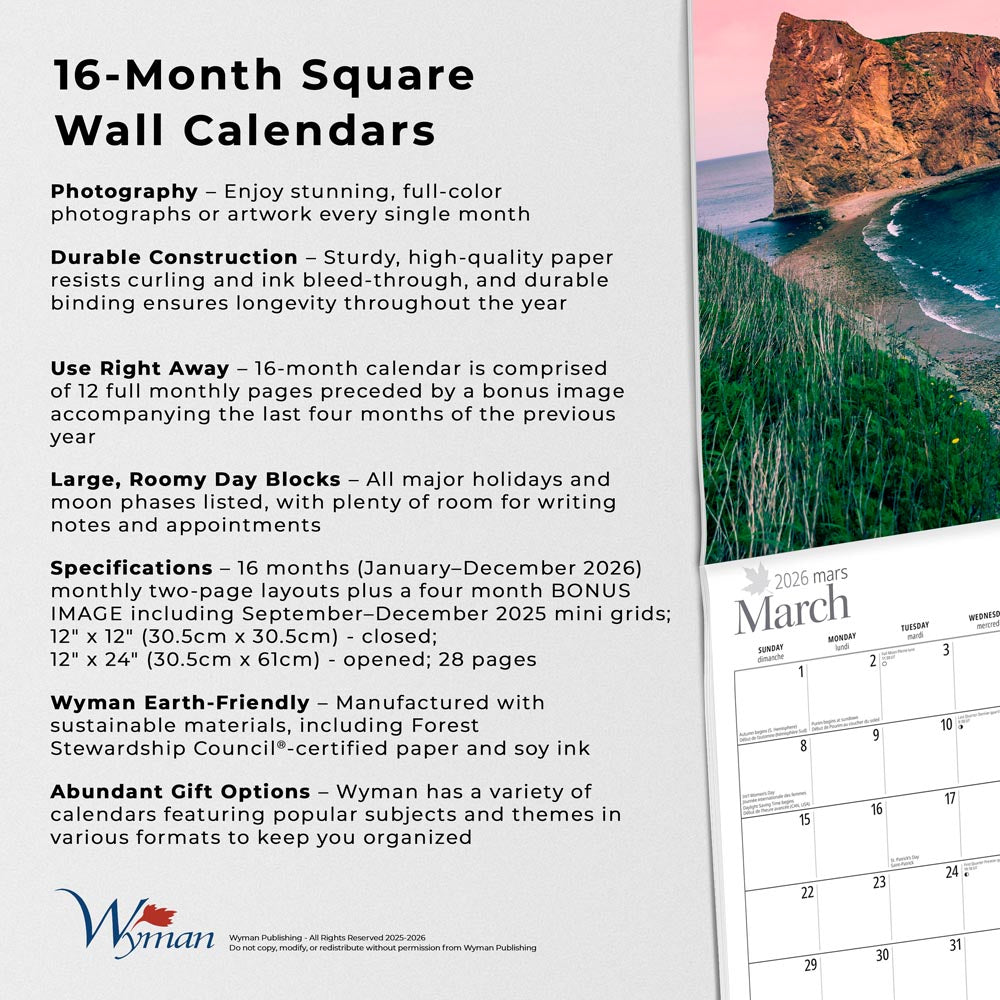 Canada's East Coast | 2026 12 x 24 Inch (Hanging) Monthly Square Wall Calendar | English/French Bilingual