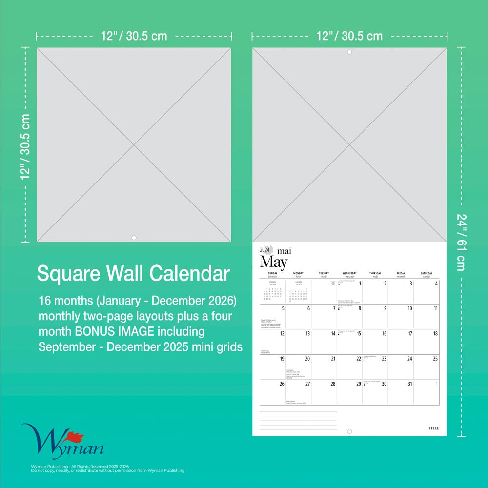 Canada's East Coast | 2026 12 x 24 Inch (Hanging) Monthly Square Wall Calendar | English/French Bilingual