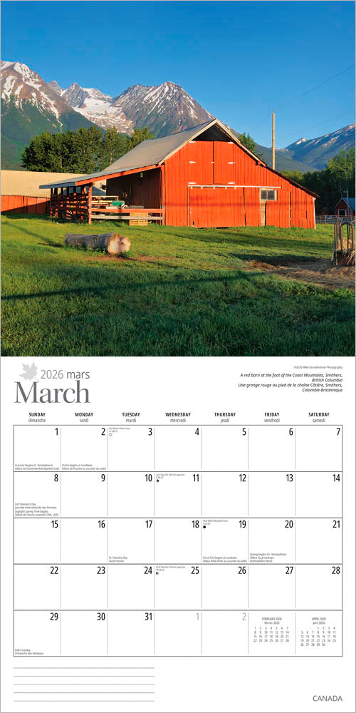 Canada | 2026 12 x 24 Inch (Hanging) Monthly Square Wall Calendar | English/French Bilingual