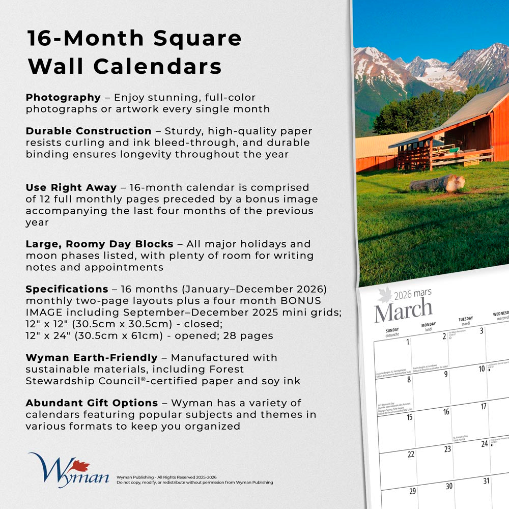 Canada | 2026 12 x 24 Inch (Hanging) Monthly Square Wall Calendar | English/French Bilingual