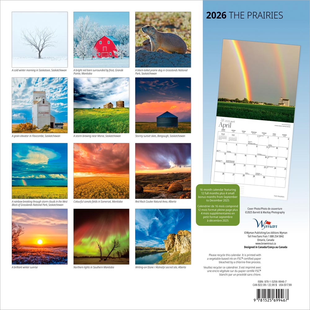 The Prairies  | 2026 12 x 24 Inch (Hanging) Monthly Square Wall Calendar