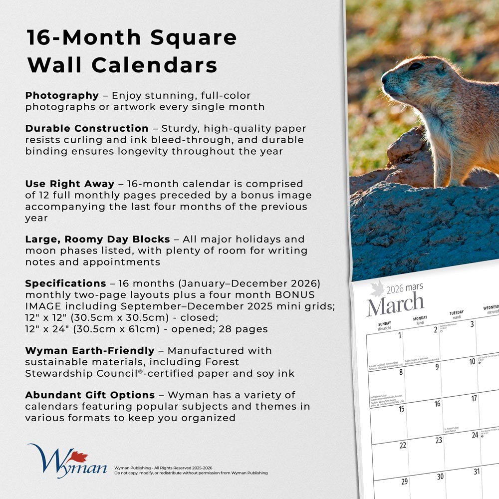 The Prairies  | 2026 12 x 24 Inch (Hanging) Monthly Square Wall Calendar